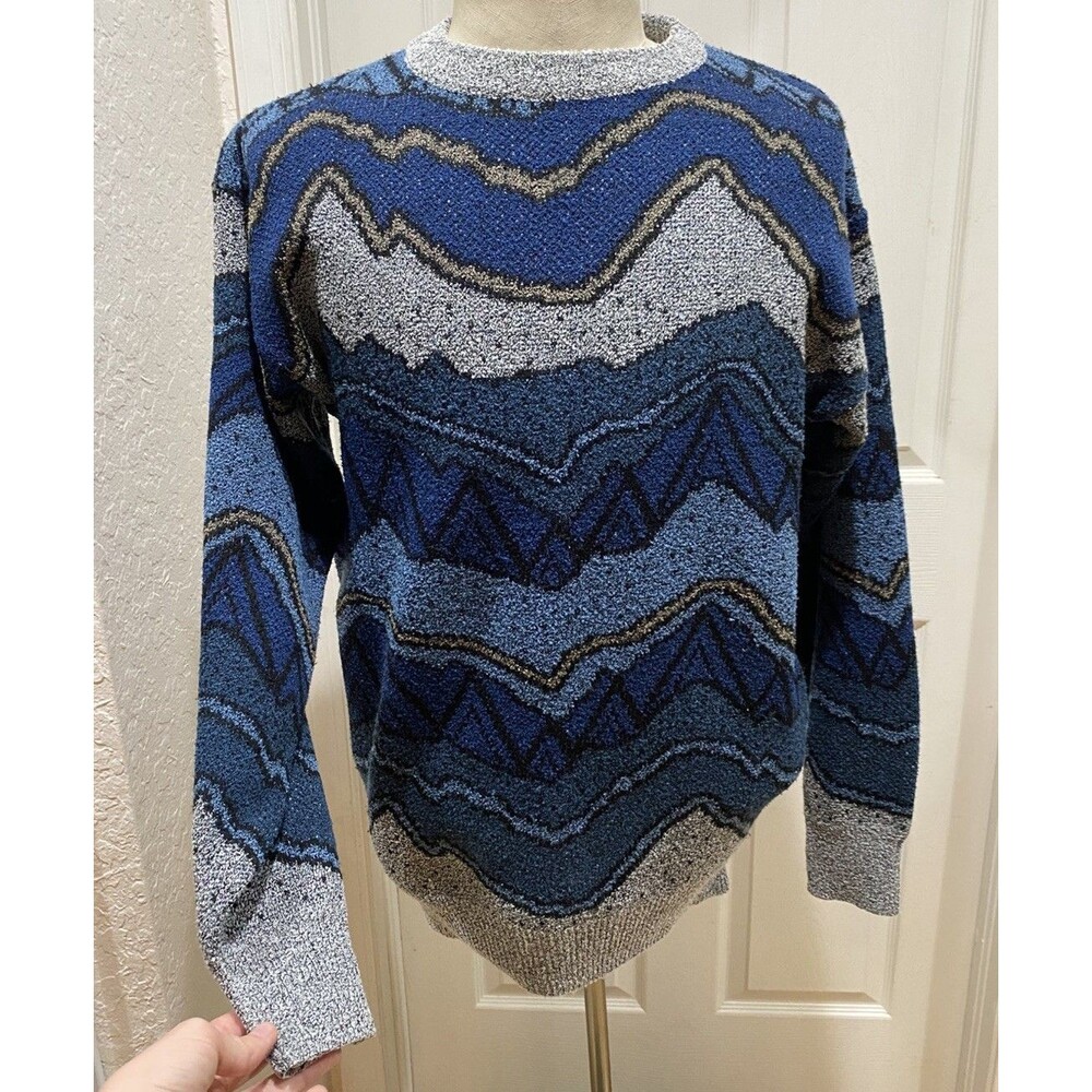 VTG 90s Alan Stuart Sweater Men’s M Abstract Geometric Grandpa Blue Wavy Stripes